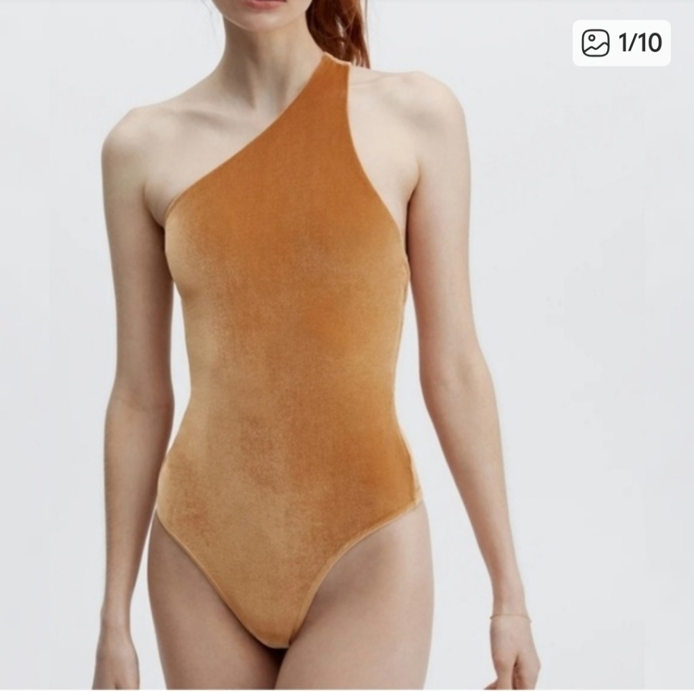 Fabletics Women's Gigi Velour Sexy Body Con One Strap Bodysuit In Light Honey M